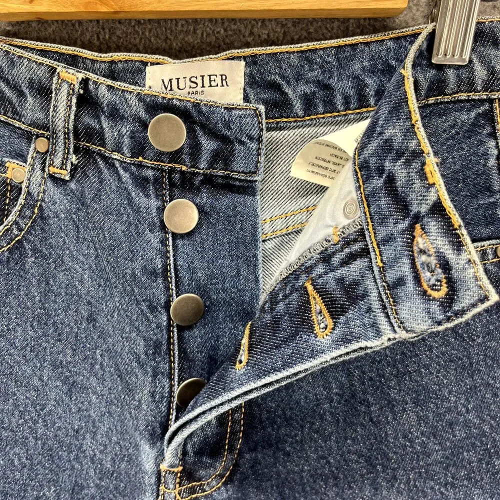 MUSIER Paris Jeans Shorts Womens 2 Blue High Rise Button fly Raw Hem Janet Denim